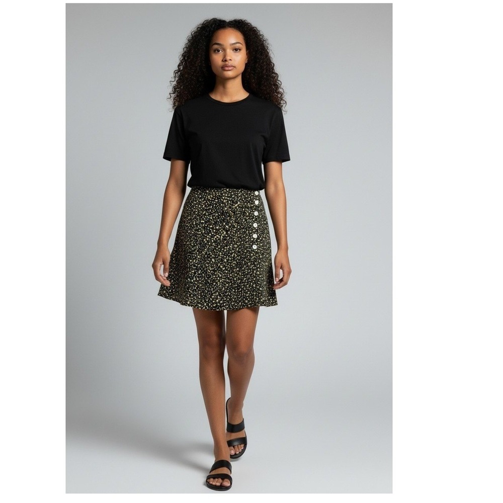 H&M‎ Divided Black Floral Ditsy Mini Skirt Side Button A-Line Womens Size 8